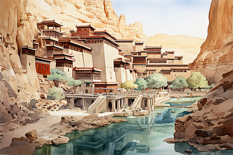 多层古塔国风建筑艳丽鲜花风景插画