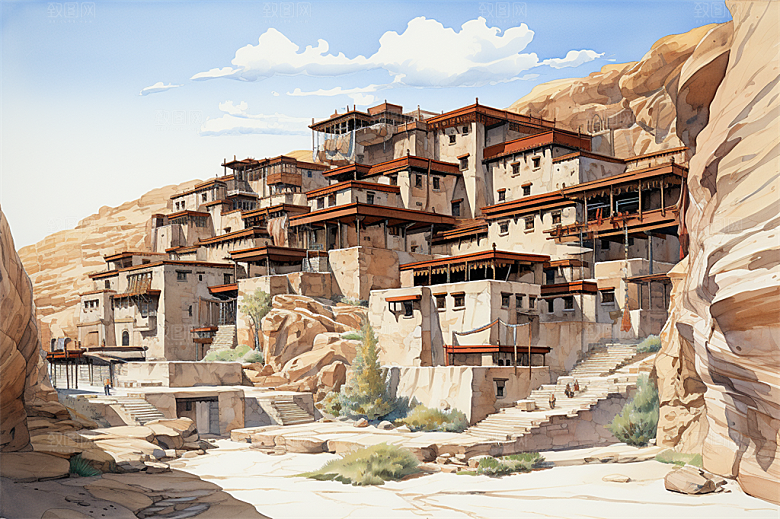 多层古塔国风建筑艳丽鲜花风景插画