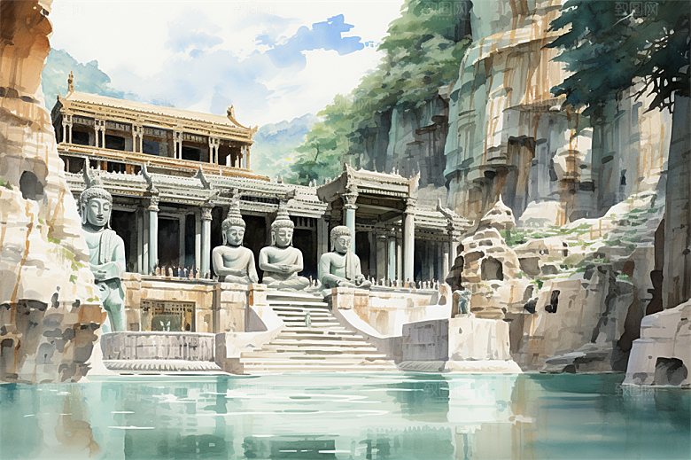 多层古塔国风建筑艳丽鲜花风景插画