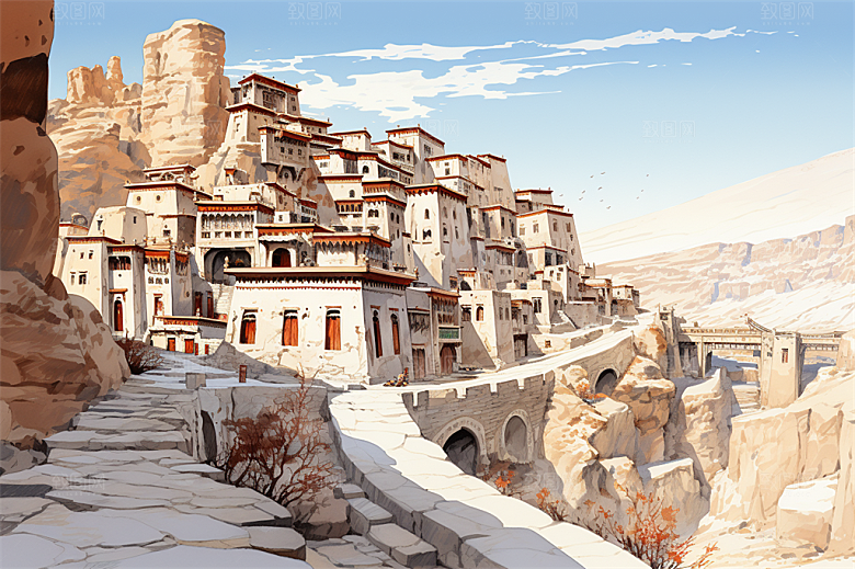 多层古塔国风建筑艳丽鲜花风景插画