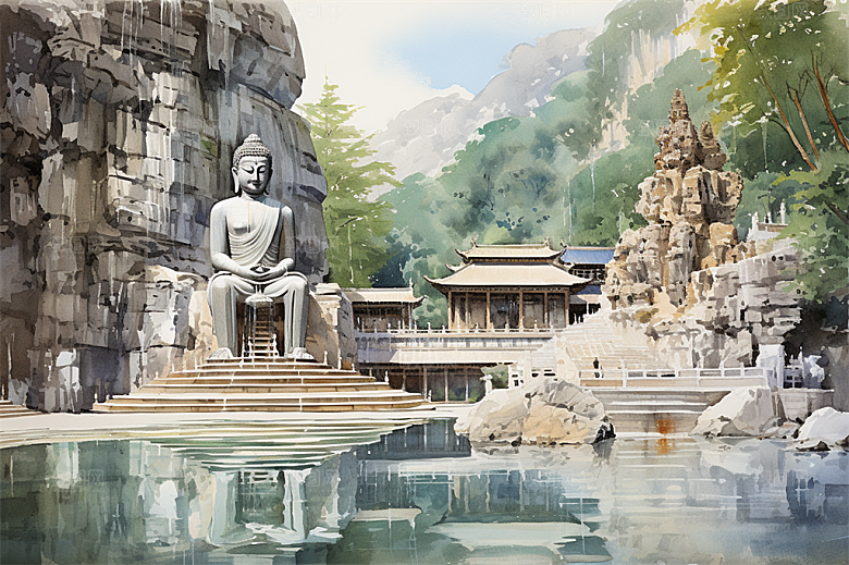 高山流水绿色植物风景秀丽佛像插画