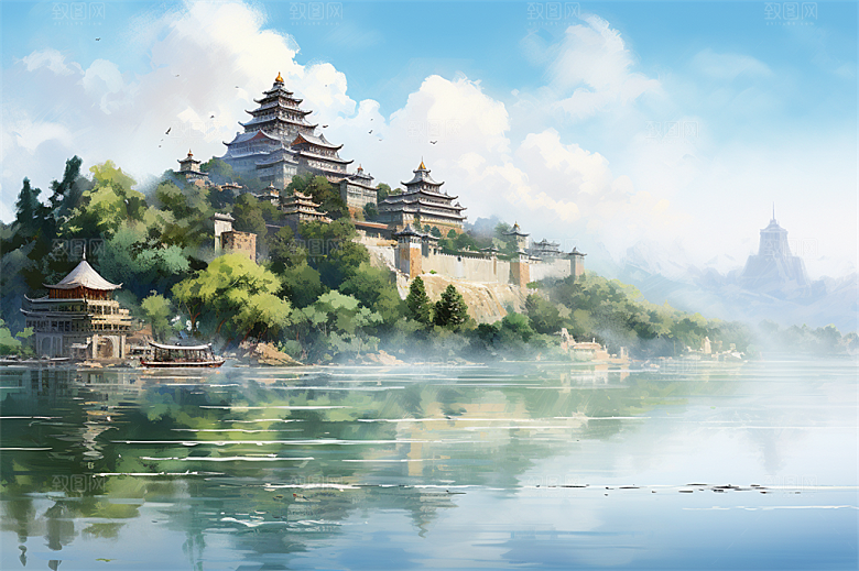 湖水栈桥远景高山艳丽树木国风建筑