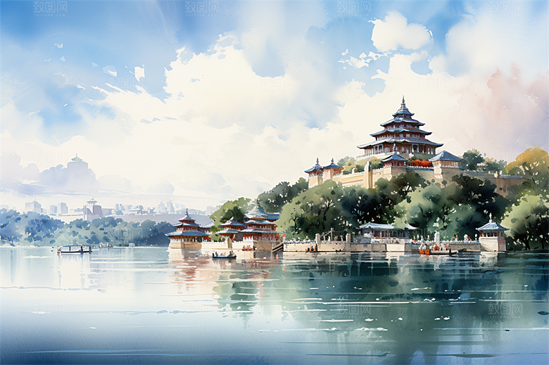 湖水栈桥远景高山艳丽树木国风建筑