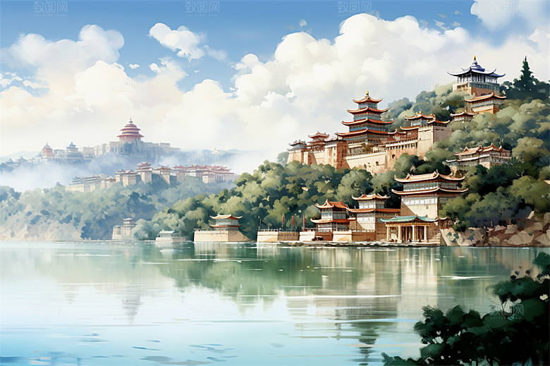 湖水栈桥远景高山艳丽树木国风建筑