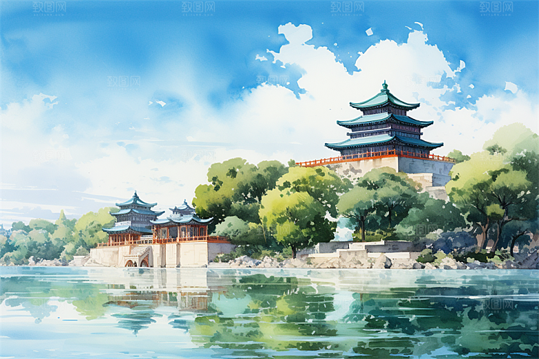 湖水栈桥远景高山艳丽树木国风建筑