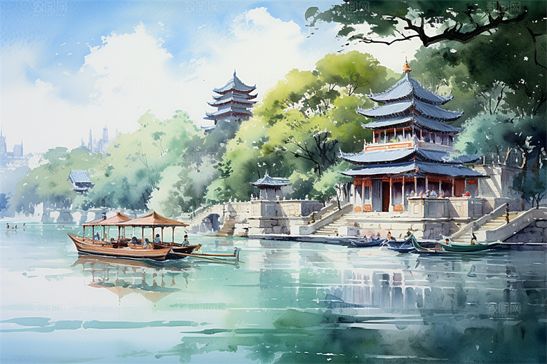 湖水栈桥远景高山艳丽树木国风建筑