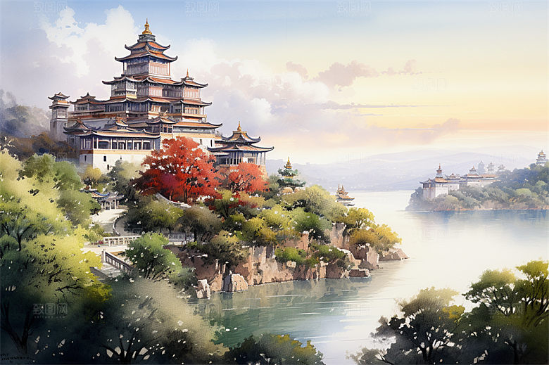 湖水栈桥远景高山艳丽树木国风建筑