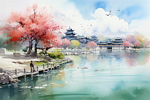 湖水栈桥远景高山艳丽树木国风建筑