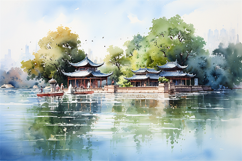 湖水栈桥远景高山艳丽树木国风建筑