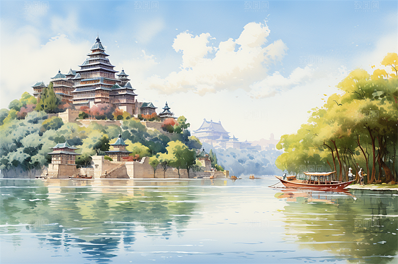 湖水栈桥远景高山艳丽树木国风建筑