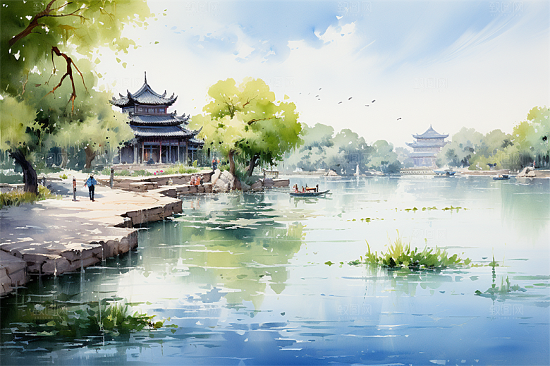 湖水栈桥远景高山艳丽树木国风建筑
