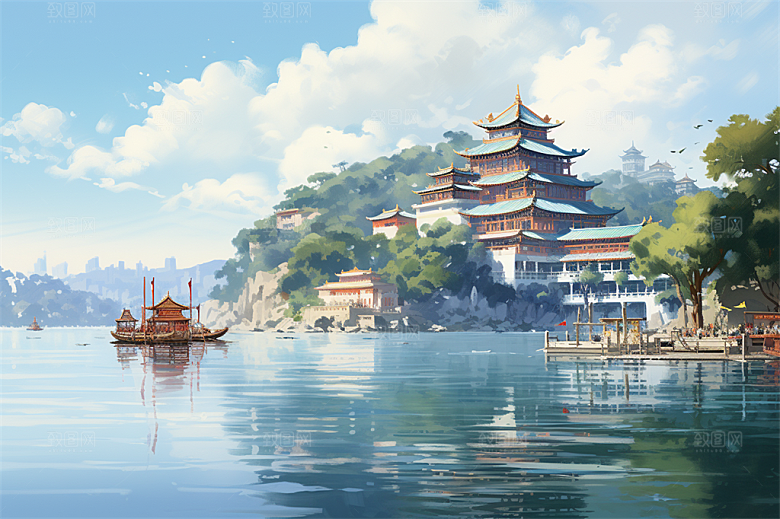 湖水栈桥远景高山艳丽树木国风建筑