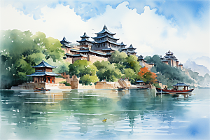 湖水栈桥远景高山艳丽树木国风建筑