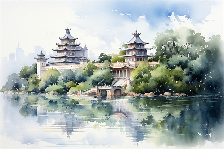 西双版纳傣式宫殿山水风景画