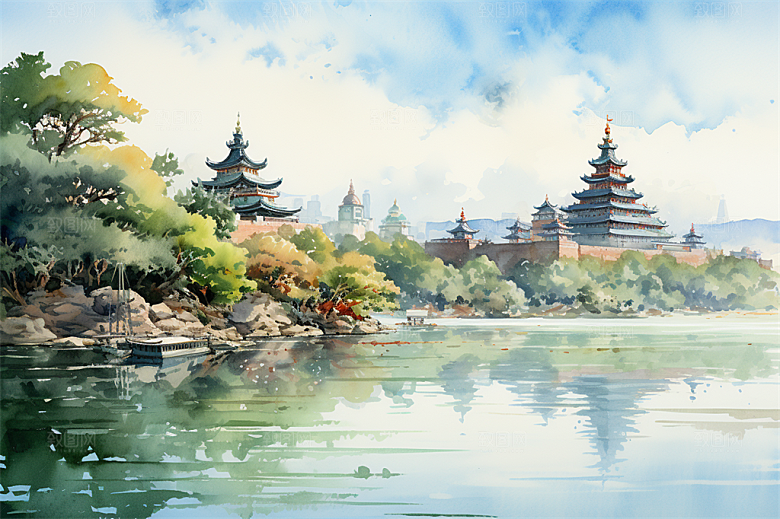 湖水栈桥远景高山艳丽树木国风建筑