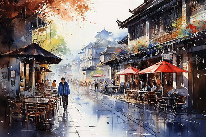 江南古镇民居街道商贩安静生活场景