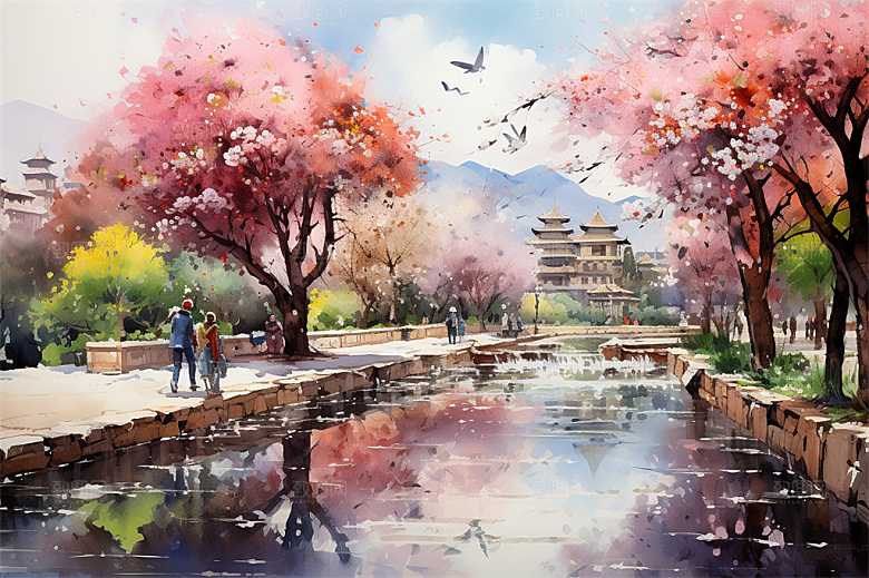 小河流水江南水乡国风建筑