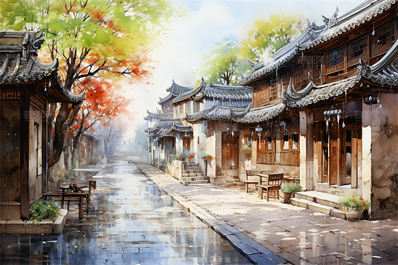 江南古镇民居街道商贩安静生活场景
