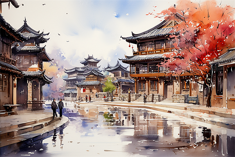 江南古镇民居街道商贩安静生活场景