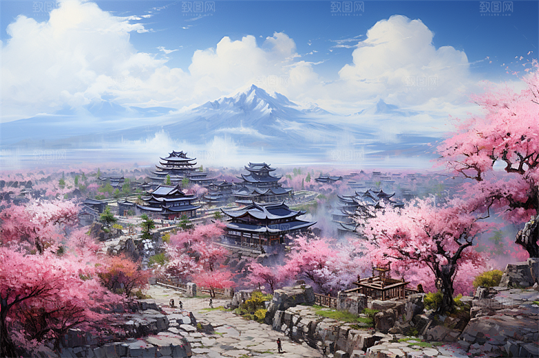 西双版纳傣式宫殿山水风景画