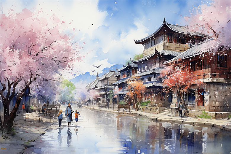 江南古镇民居街道商贩安静生活场景