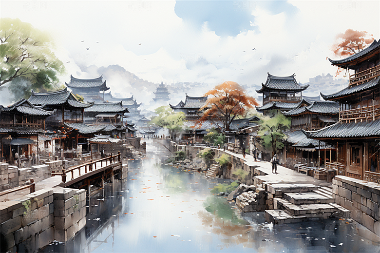 江南古镇民居街道商贩安静生活场景