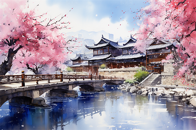 小河流水江南水乡国风建筑