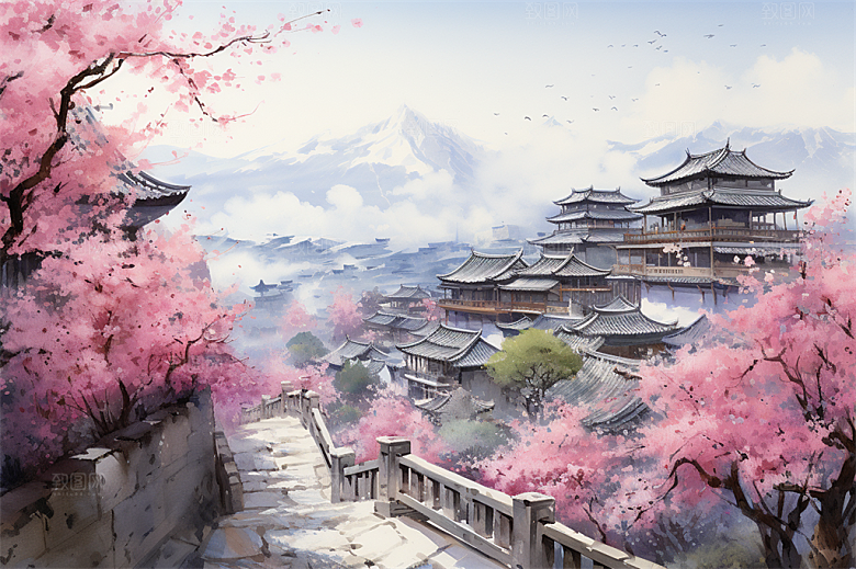 西双版纳傣式宫殿山水风景画