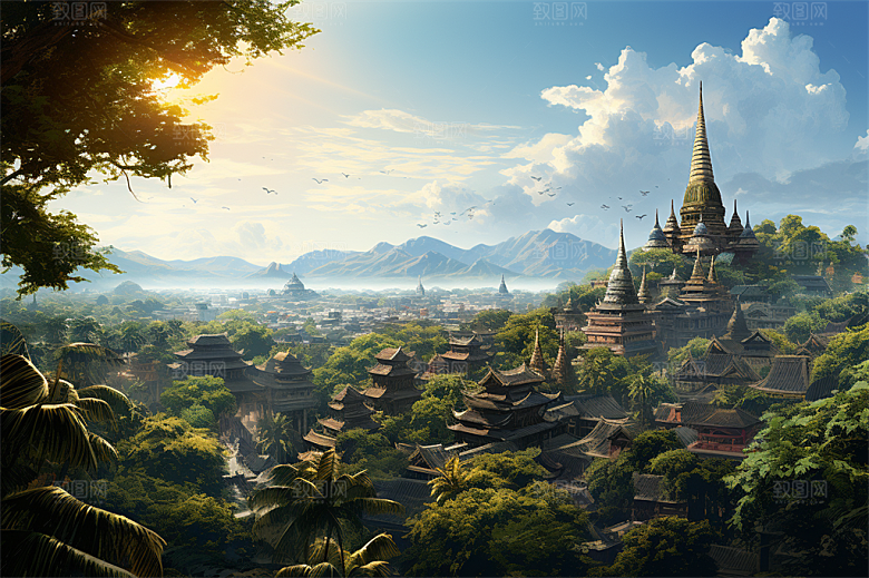 西双版纳傣式宫殿山水风景画