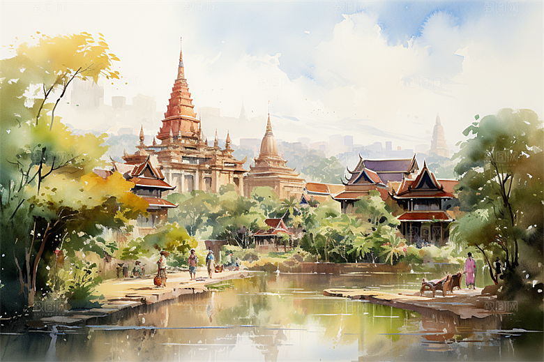 西双版纳傣式宫殿山水风景画