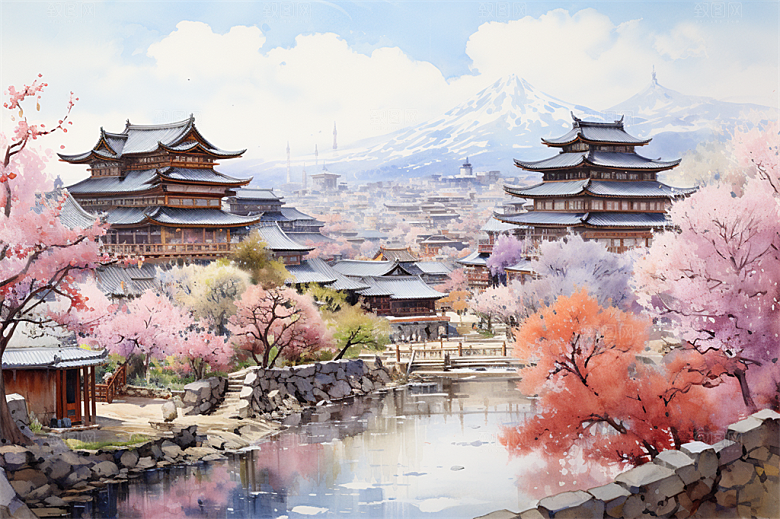 小河流水江南水乡国风建筑