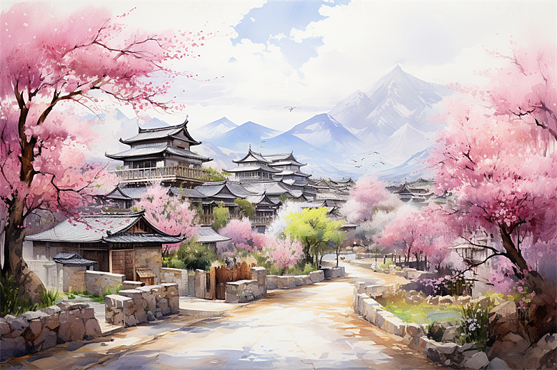 小河流水江南水乡国风建筑