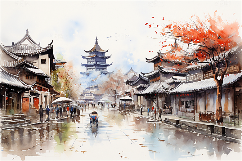 小河流水江南水乡国风建筑