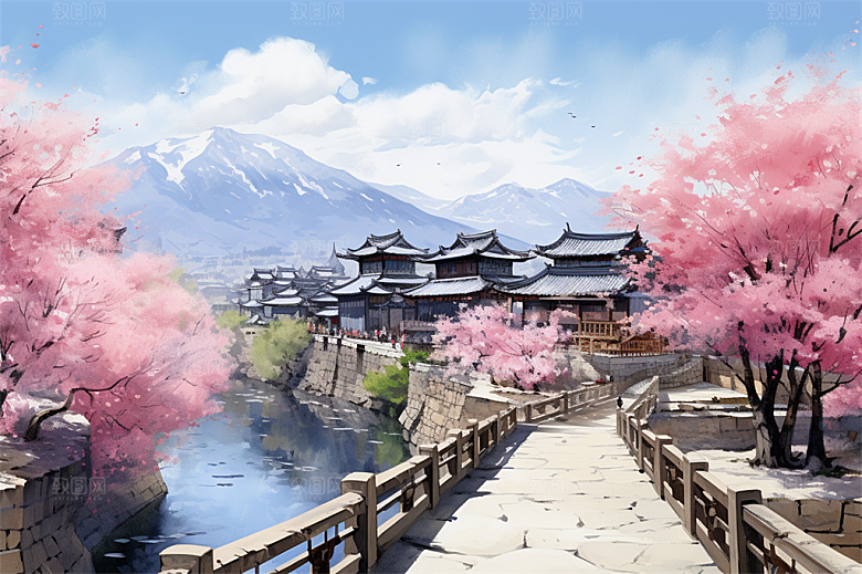 小河流水江南水乡国风建筑
