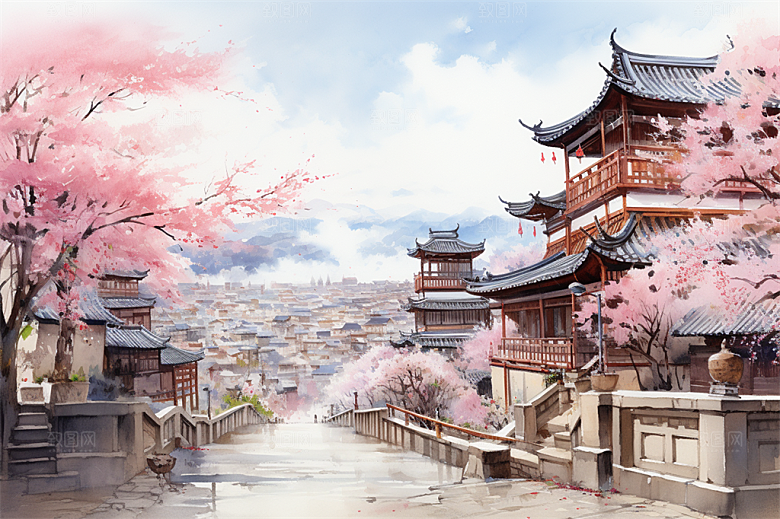小河流水江南水乡国风建筑
