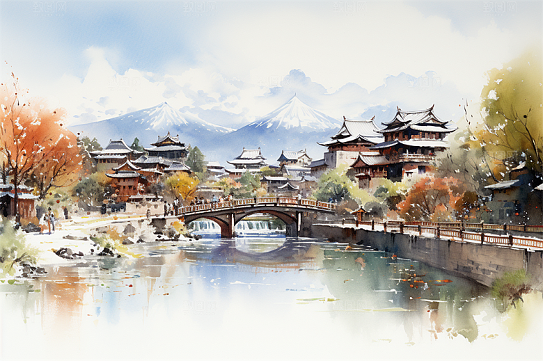 小河流水江南水乡国风建筑