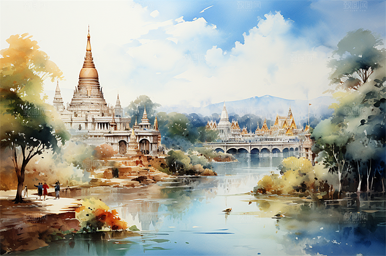 西双版纳傣式宫殿山水风景画