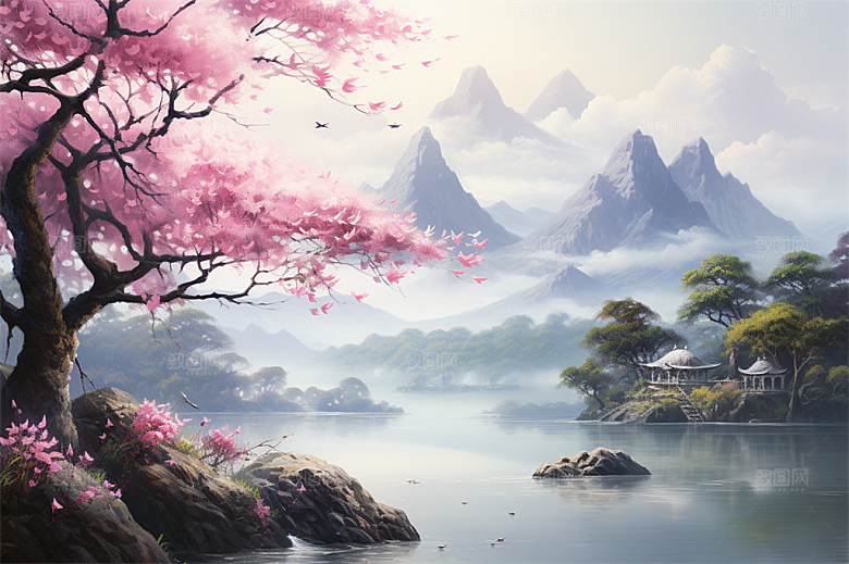 湖水栈桥远景高山艳丽树木