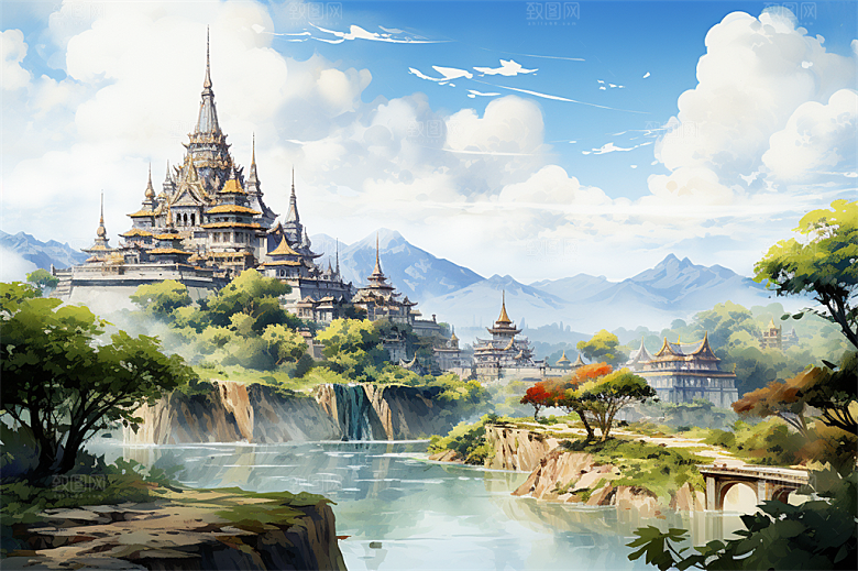 西双版纳傣式宫殿山水风景画