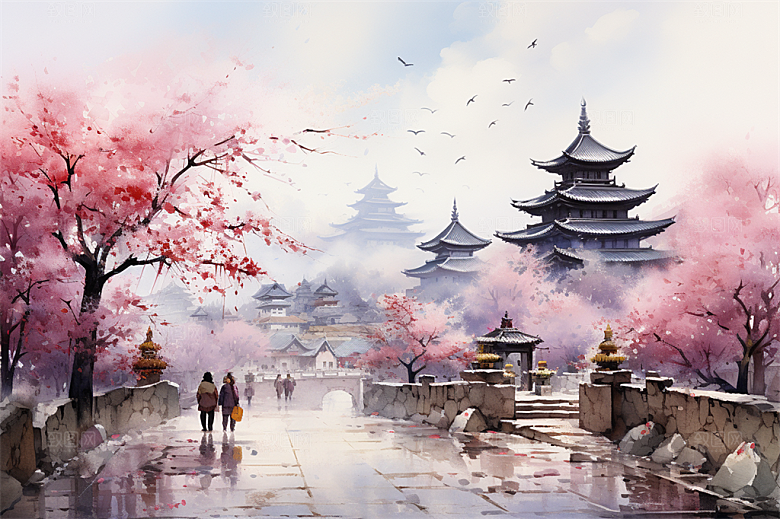 小河流水江南水乡国风建筑