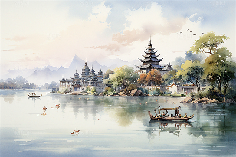 西双版纳傣式宫殿山水风景画