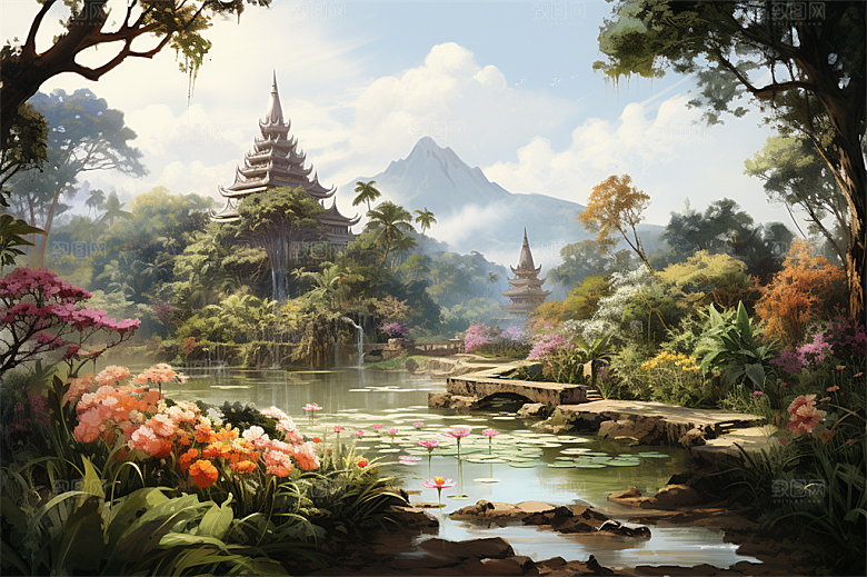 西双版纳傣式宫殿山水风景画