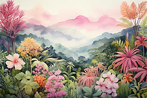 高山树木鲜艳花朵多彩植物风景插画