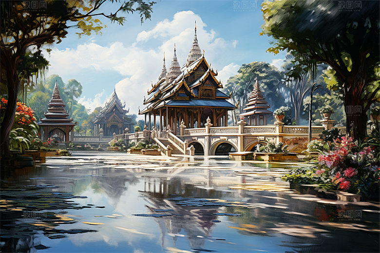 西双版纳傣式宫殿山水风景画