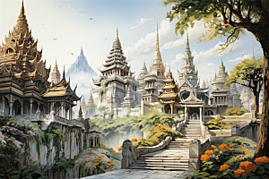 西双版纳傣式宫殿山水风景画