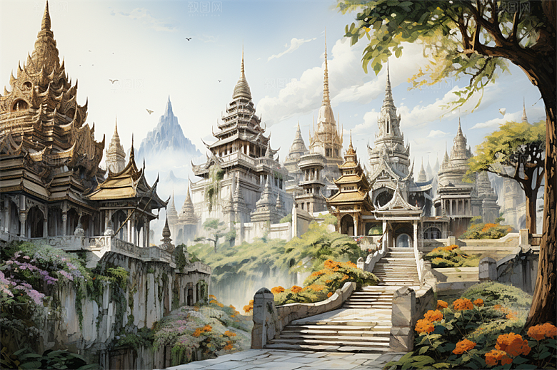 西双版纳傣式宫殿山水风景画