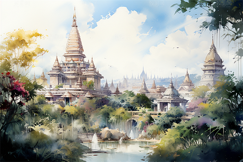 西双版纳傣式宫殿山水风景画