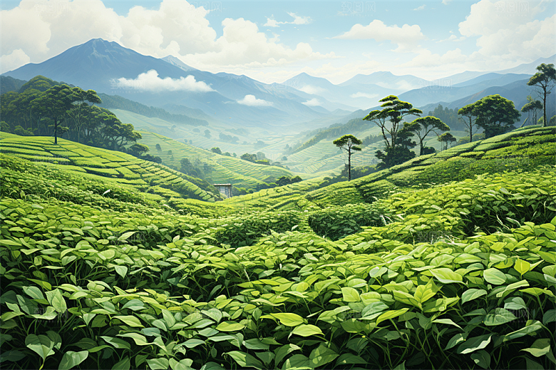 高山树木鲜艳花朵多彩植物风景插画
