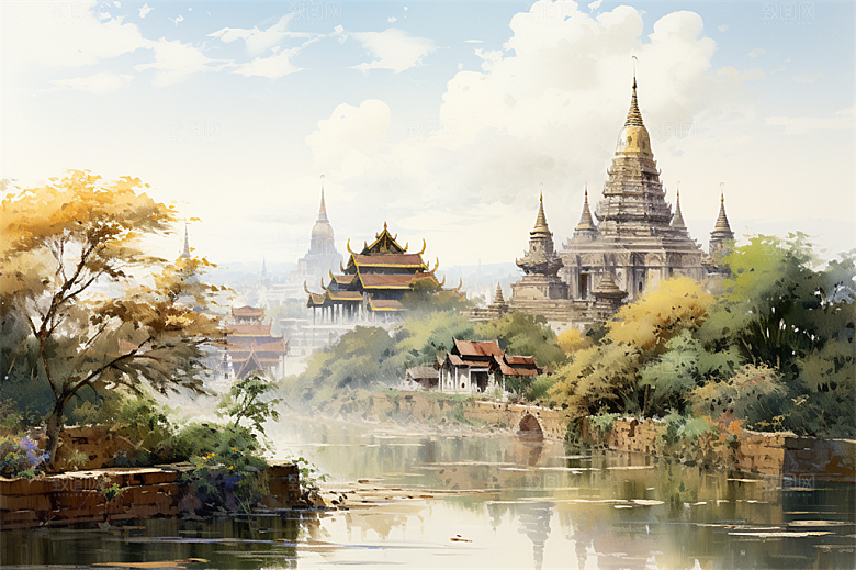 西双版纳傣式宫殿山水风景画