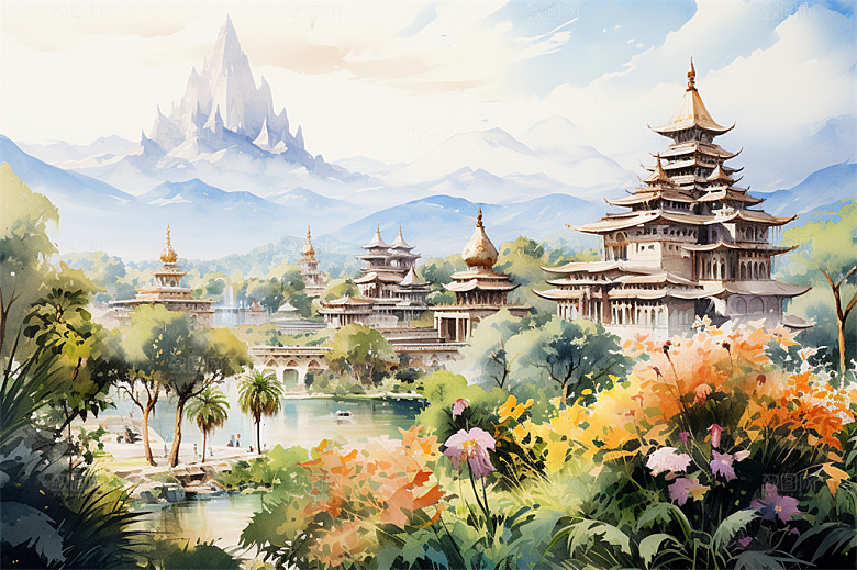 西双版纳傣式宫殿山水风景画